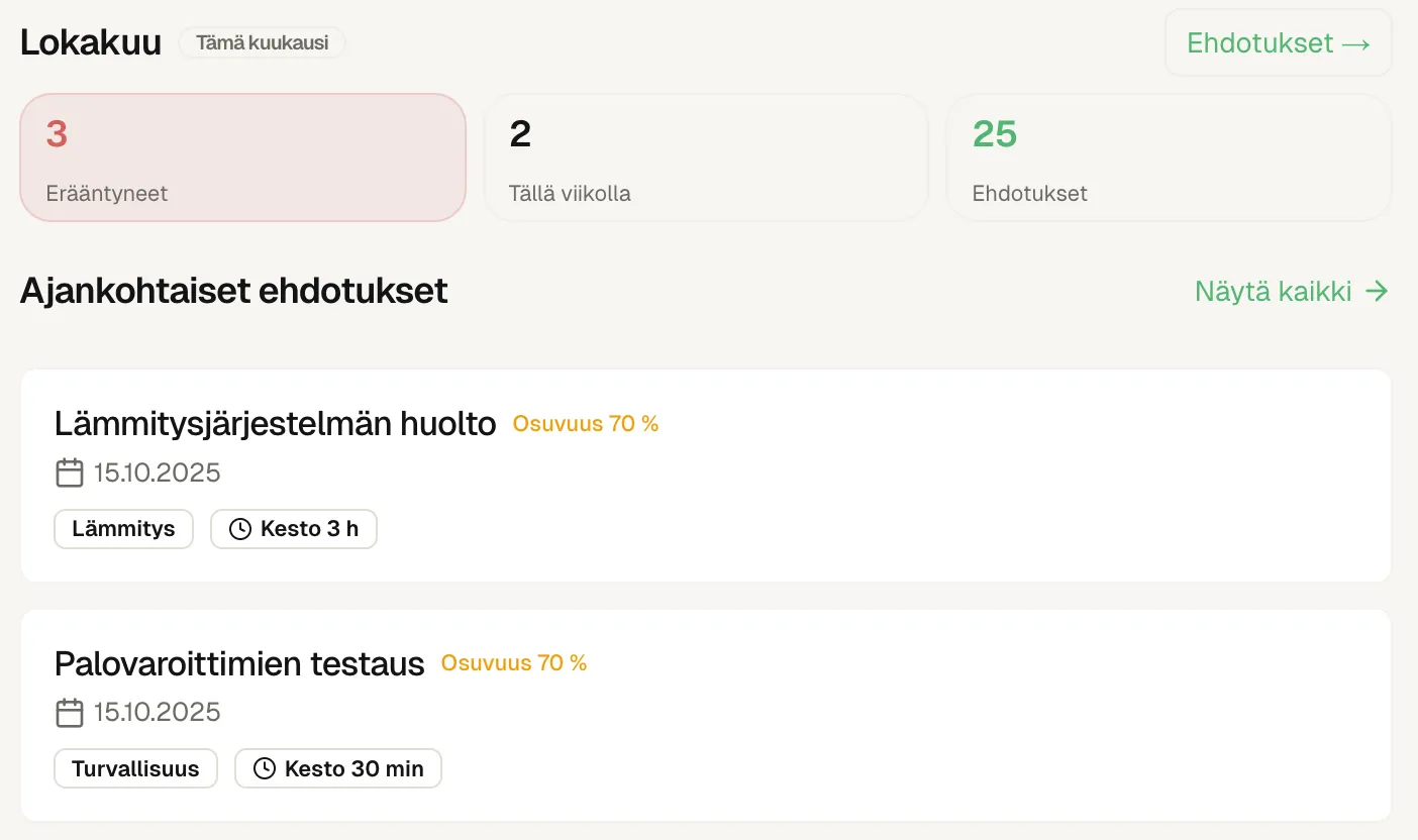 KiinteistoKaveri-sovelluksen käyttöliittymä, jossa näkyy huoltokalenteri